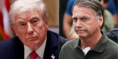 O presidente dos Estados Unidos, Donald Trump, e o ex-presidente Jair Bolsonaro (PL) • REUTERS/Jonathan Ernst e Fabio Rodrigues-Pozzebom/Agência Brasil