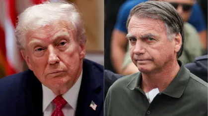 O presidente dos Estados Unidos, Donald Trump, e o ex-presidente Jair Bolsonaro (PL) • REUTERS/Jonathan Ernst e Fabio Rodrigues-Pozzebom/Agência Brasil