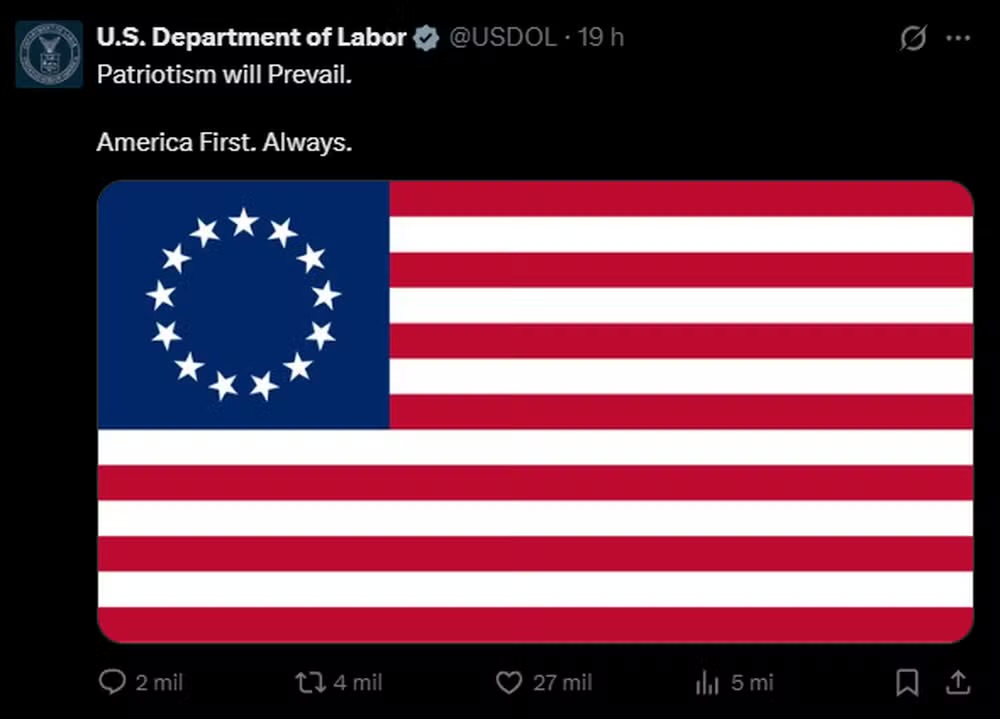 Bandeira publicada pela Secretaria do Trabalho dos EUA. — Foto: Reprodução/X