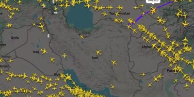 Captura de imagem do site FlightRadar24 mostra espaço aéreo do Irã esvaziado em 14 de janeiro de 2025 — Foto: Reprodução/FlightRadar24